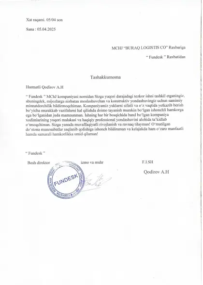 Rasmiy tavsiyanomalar — Buraq Logistics