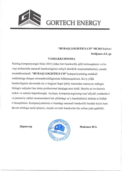Rasmiy tavsiyanomalar — Buraq Logistics