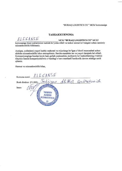 Rasmiy tavsiyanomalar — Buraq Logistics
