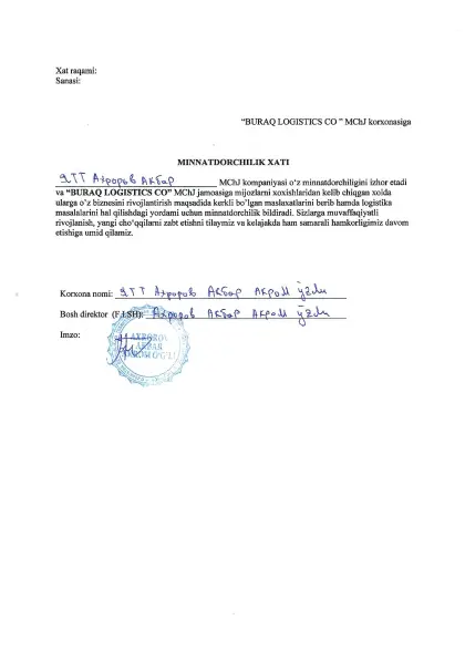 Rasmiy tavsiyanomalar — Buraq Logistics