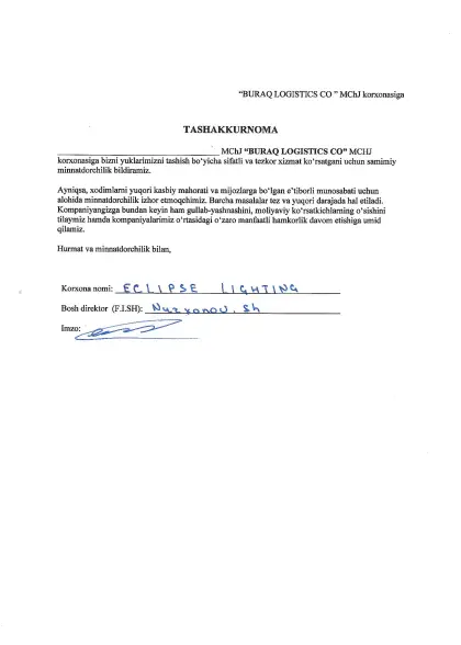 Rasmiy tavsiyanomalar — Buraq Logistics