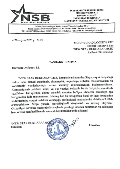 Rasmiy tavsiyanomalar — Buraq Logistics