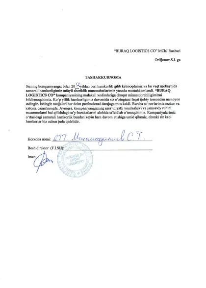 Rasmiy tavsiyanomalar — Buraq Logistics
