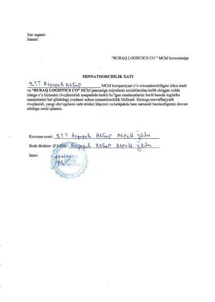 Rasmiy tavsiyanomalar — Buraq Logistics