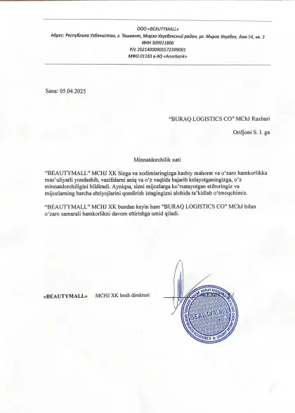 Rasmiy tavsiyanomalar — Buraq Logistics